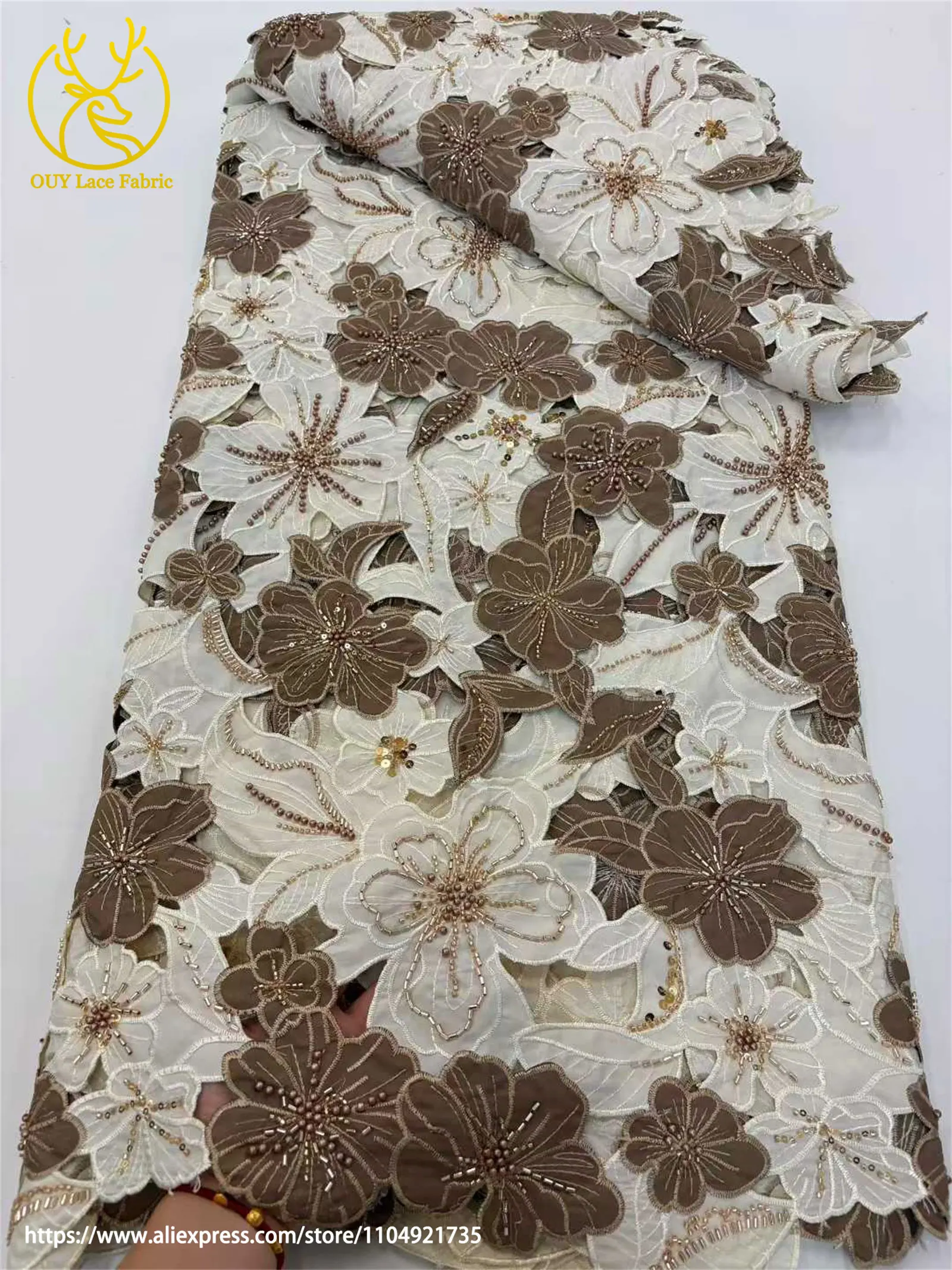 Eleganter Afrikanischer Guipure-Spitzenstoff 2026 Nigerianischer Wasserlöslicher Pailletten-Perlenstoff für Partykleider Damen-Nähzubehör – Detail 10