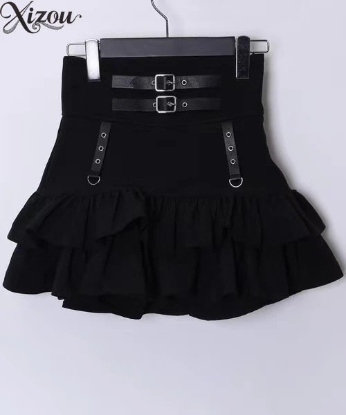 Women Black Gothic A-line Vintage Y2k Skirt Fashion Harajuku Kawaii High Waist Leather Buckle Women's Asual Skirts Summer