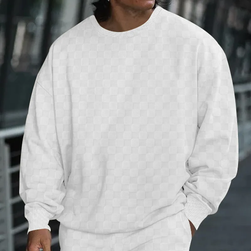 Cross-border men\'s clothing autumn and winter heavy jacquard checkerboard round neck casual bottoming shirt knitted long sleeves