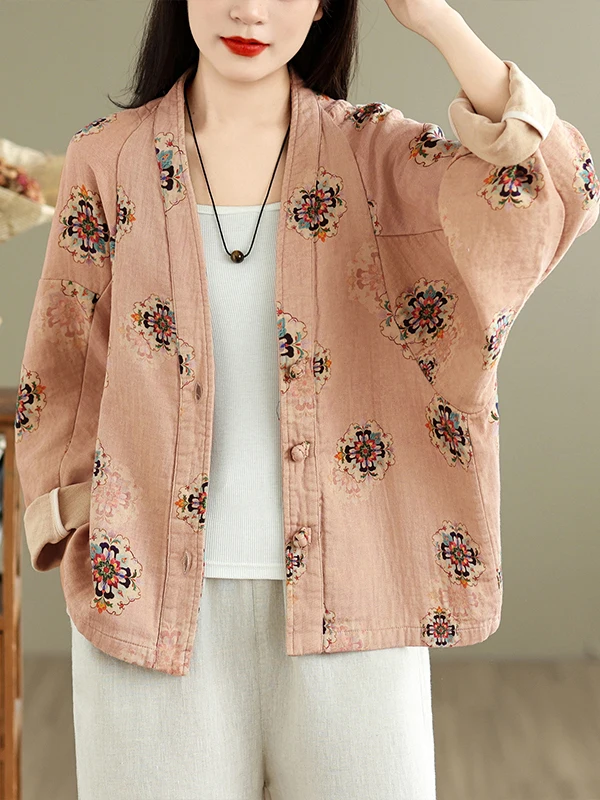 Retro Versatile Double Layer Cotton Shirt Loose Fit Floral Print Oblique Stripe Outerwear Artistic Style Women's Short Coat