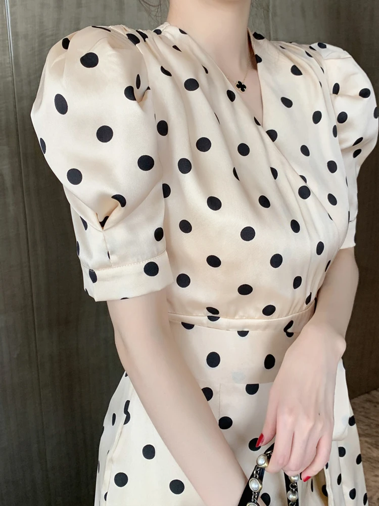 new arrival fashion party club dress women elegant summer vintage puff sleeve v-neck temperament office lady dot a-line dress