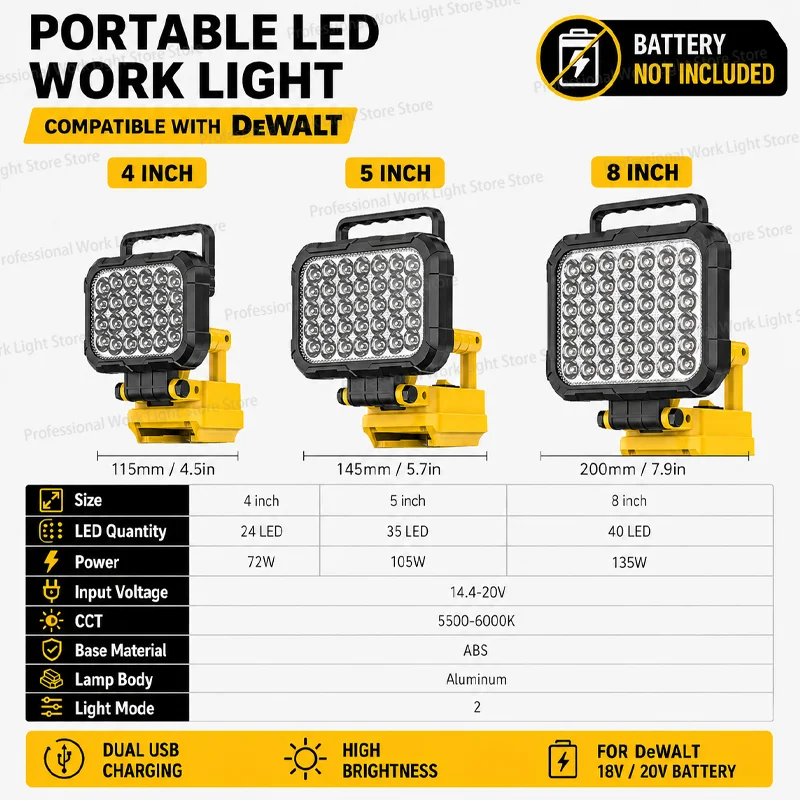 4/5/8Inch Led Light Portable Spotlights Cordless Outdoor Work Fishing Handheld Emergency Tool Light For Dewalt 18V Battery