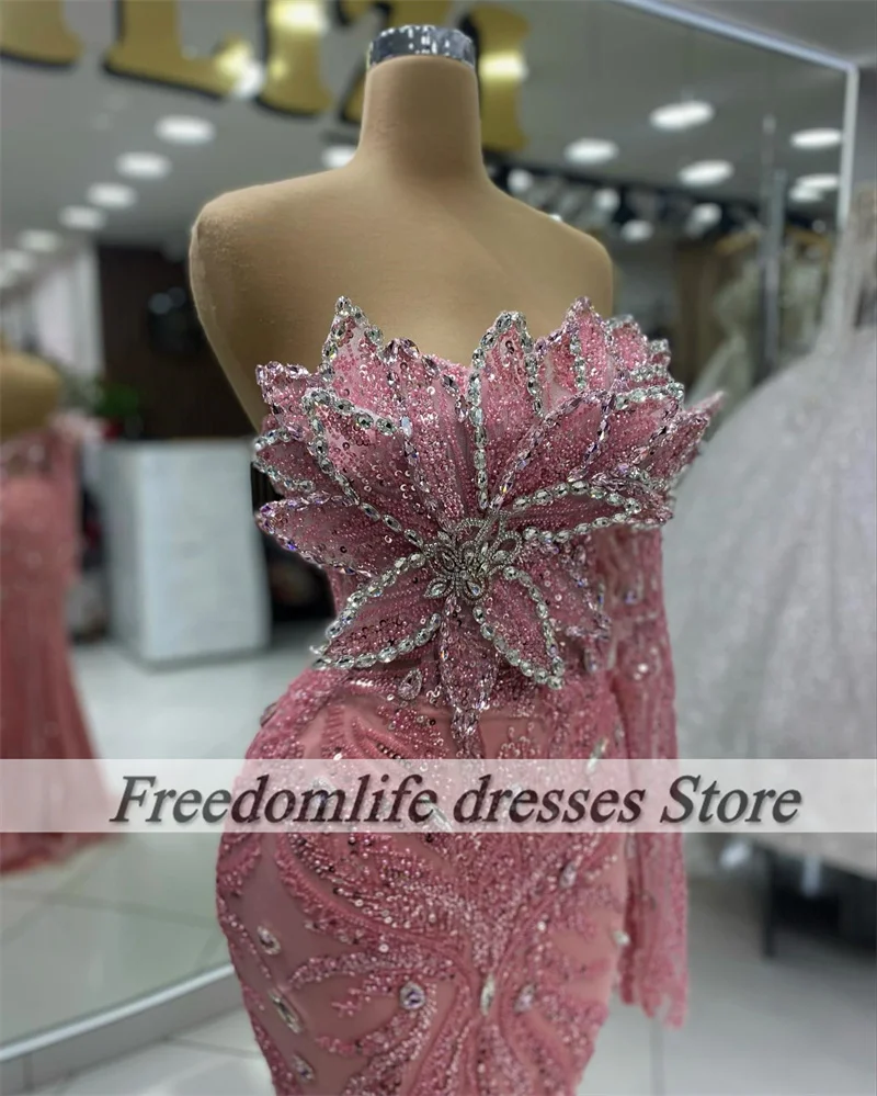 Gorgeous Pink Evening Dresses Women Luxury Beading Crystal Mermaid Wedding Party Dress Guests Arbaic Dubai Prom Gowns Customized