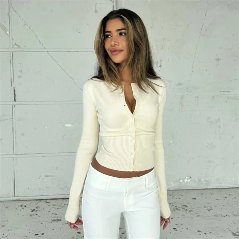 

Knit Long Sleeve Slim Fitted Cardigan Sweater Autumn Winter Ribbed Basic Top For Women Cozy Office Date Night Holiday Gift