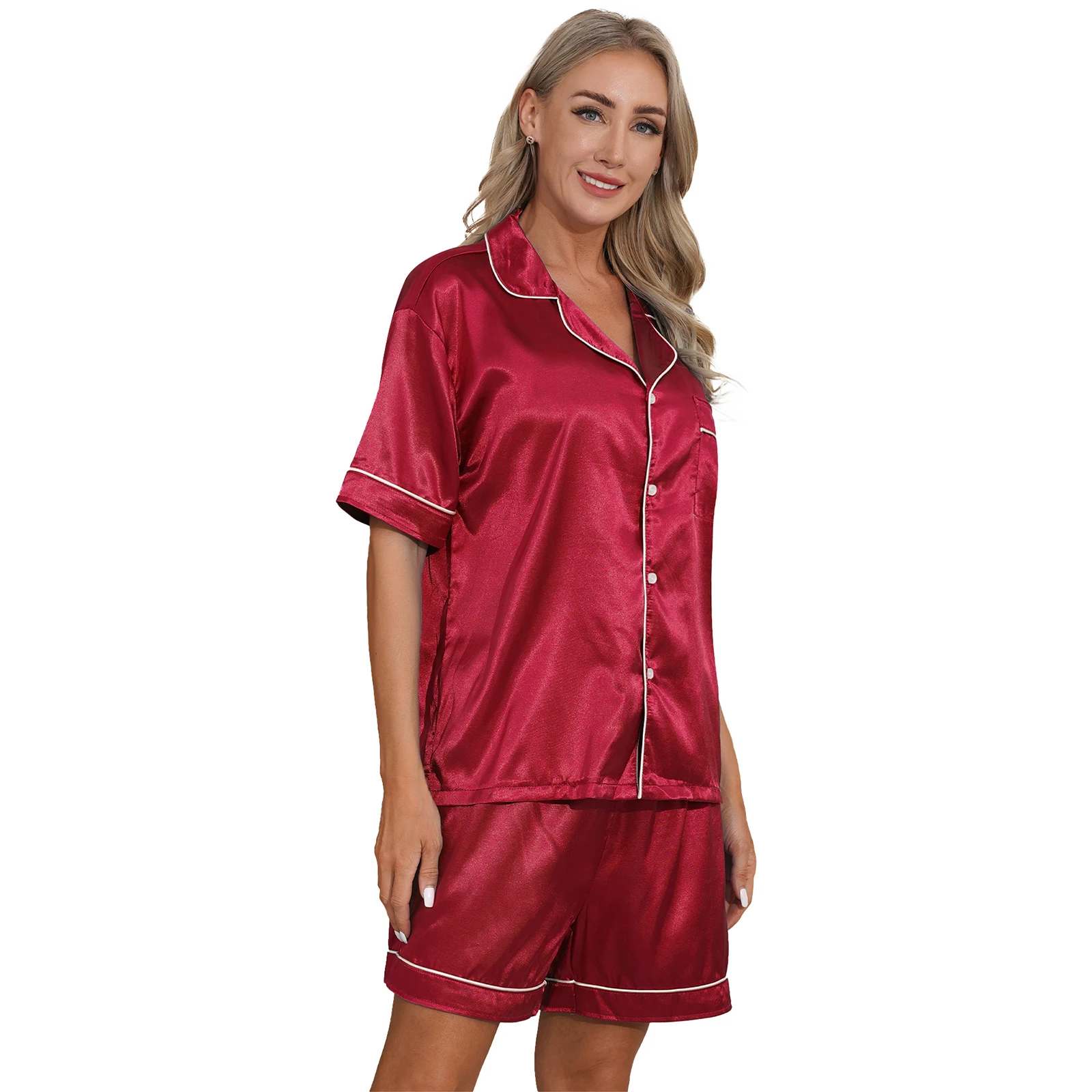 Womens Silky Satin Pajamas Sleepwear Set Two Pieces Short Sleeves Button Down Shirt Top with Boxer Shorts Loungewear Nightwear