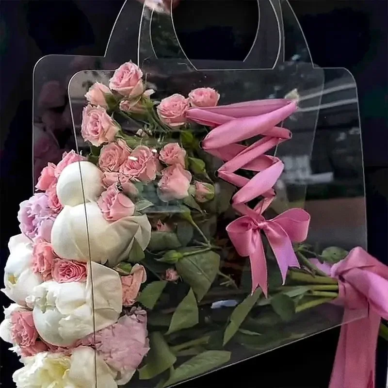 Transparent PET Fresh Flower Box Bouquet Handbag Flowers Wrapping Handbag Festivals Party Gift Rose Package Portable Packing Bag