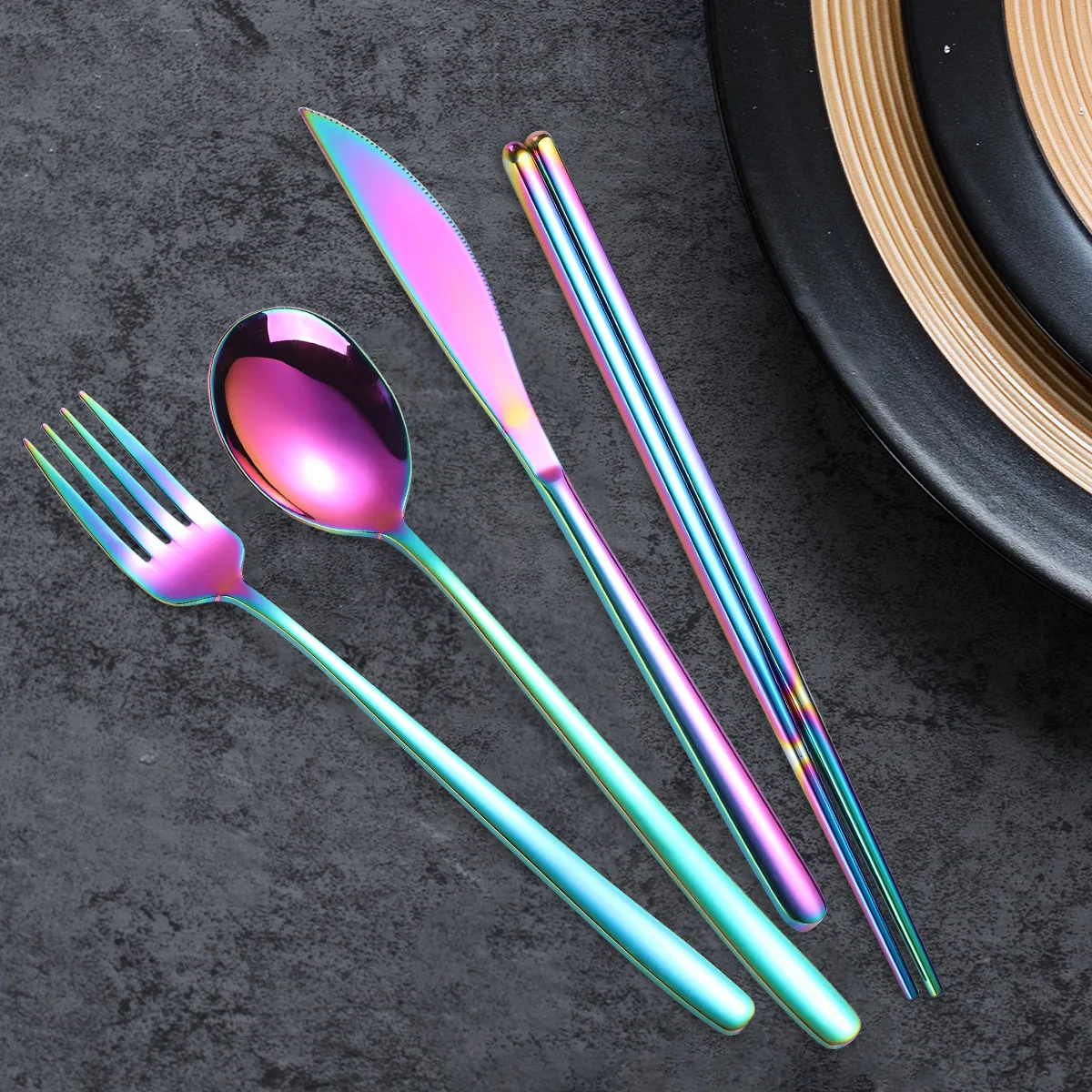 7PCS/Set 304 Stainless Steel Knife And Fork Spoon Chopsticks Straws Portable Tableware Suit