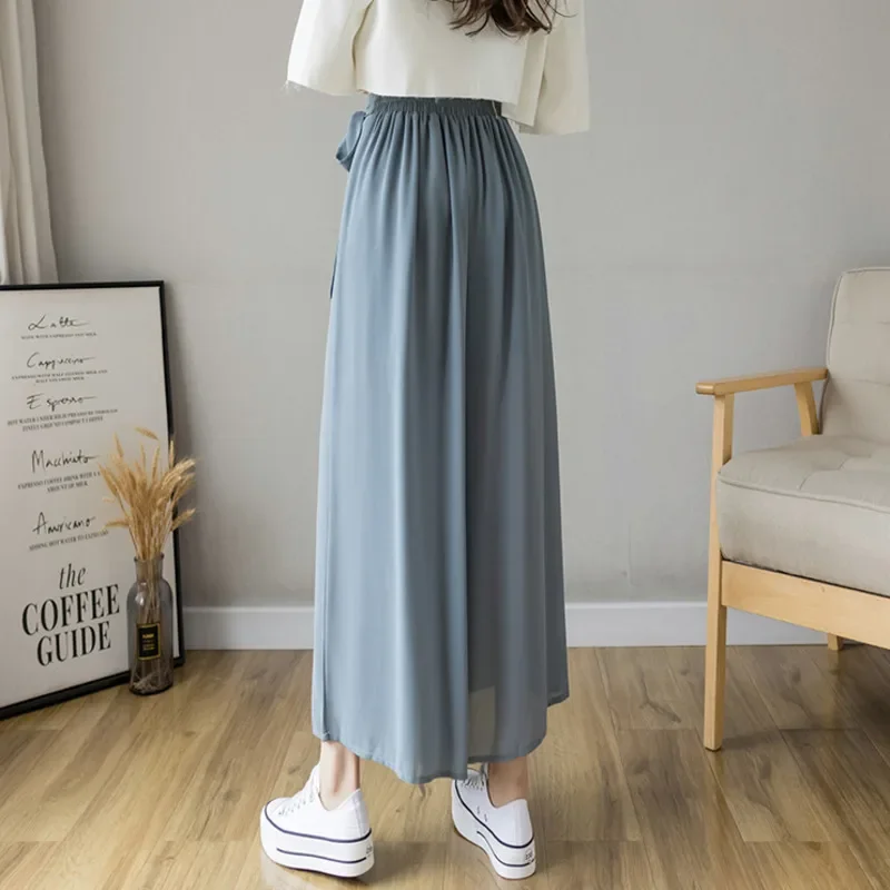 2024 Spring Summer New Style Korean Women Pleated Chiffon Trousers High Waist Pants Hakama Casual Wide Leg Pantalones