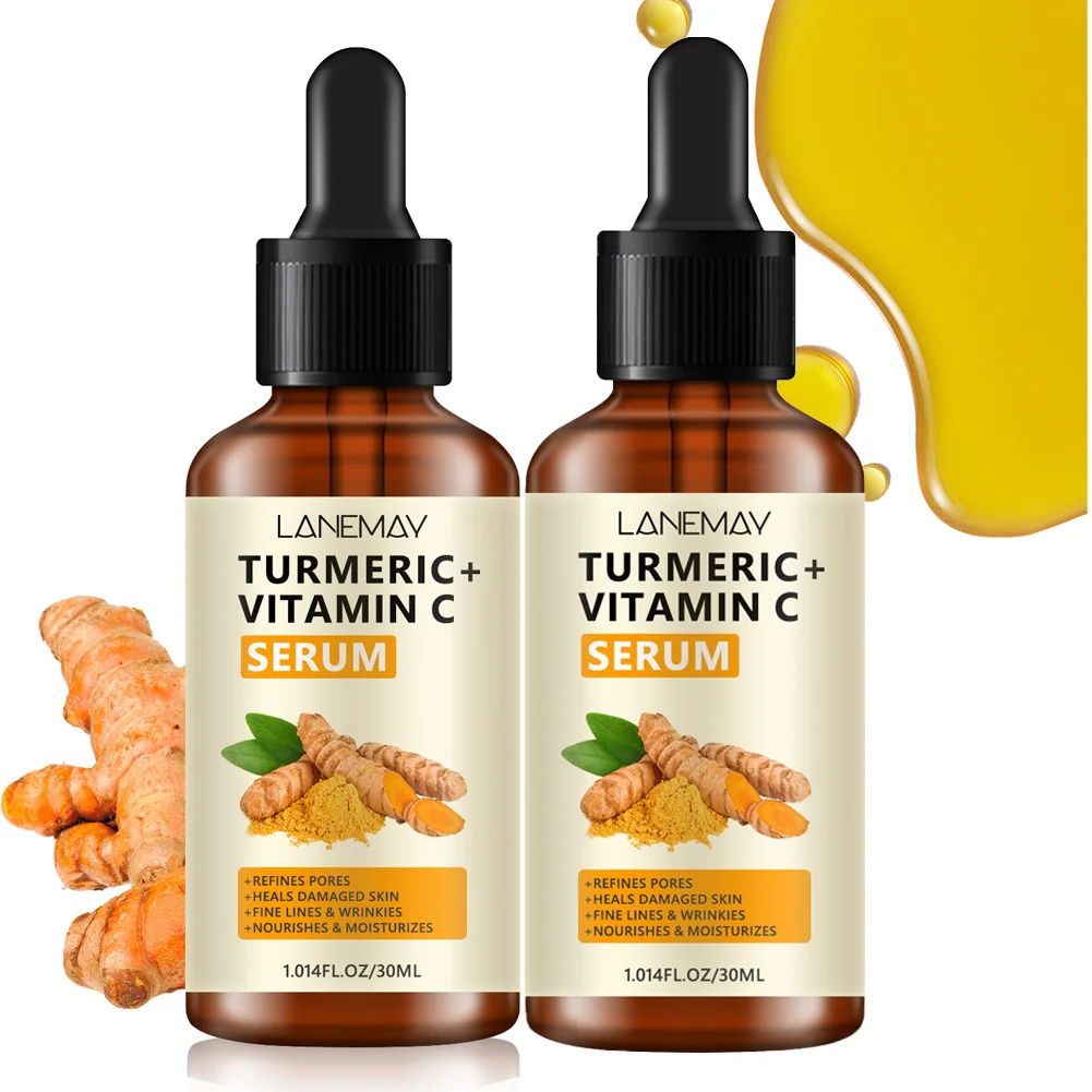 Sérum Facial de Cúrcuma e Vitamina C 30ml, Óleo Facial para Refinar Poros, Reparar Pele Danificada, Essência Hidratante e Clareadora de Rugas