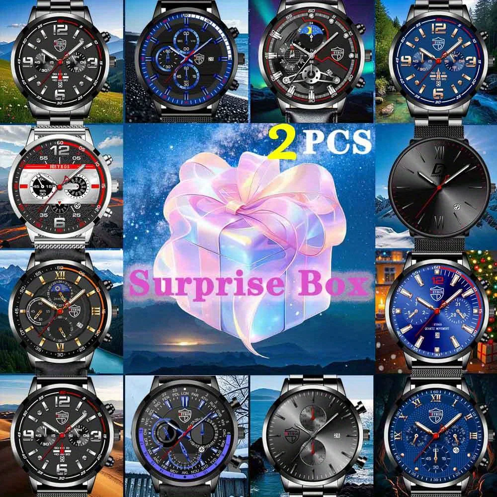 

Mystery Box Случайная 2-х предметная стильные круглые аналоговые мужские кварцевые часы Идеальный подарок на День отца День матери День учителя