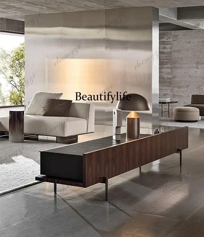 Y136 Y136 Italian minimalist light luxury modern minimalist stainless steel floor cabinet walnut color audio-visual cabinet soli