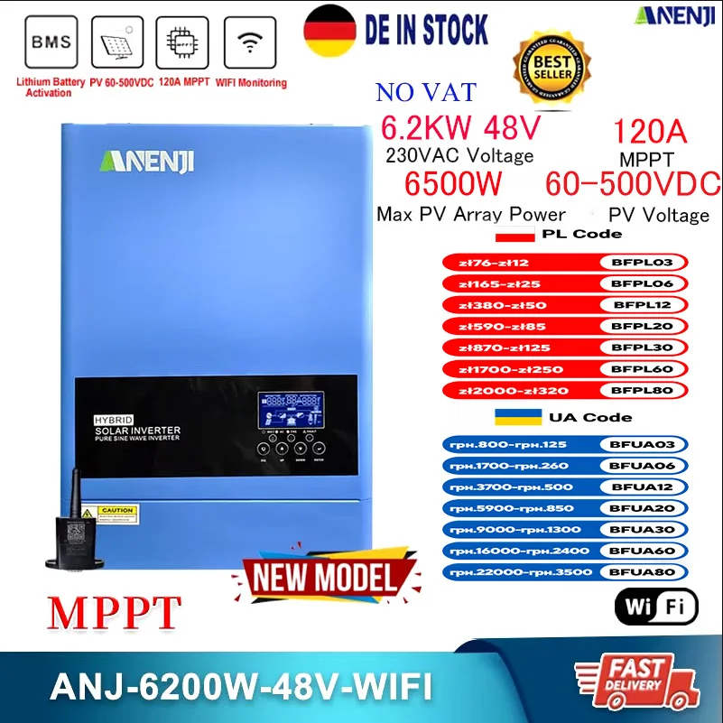 6.2KW 48V Hybrid Solar Inverter 230V Pure Sine Photovoltaic On Grid Off Grid Inversor PV 500V 120A MPPT Solar Charge Controller