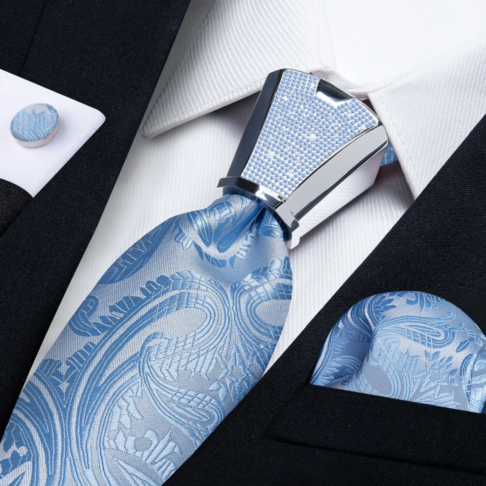 Light Blue Paisley Solid Silk Ties For Men Luxury Wedding Accessories Plastic Tie Buckle With Rhinestones Gift For Men