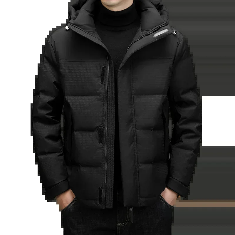 Jaket hoodie pria, pakaian musim dingin, mantel bebek putih hangat tebal, mantel pendek roti sederhana, Jack kasual 2025