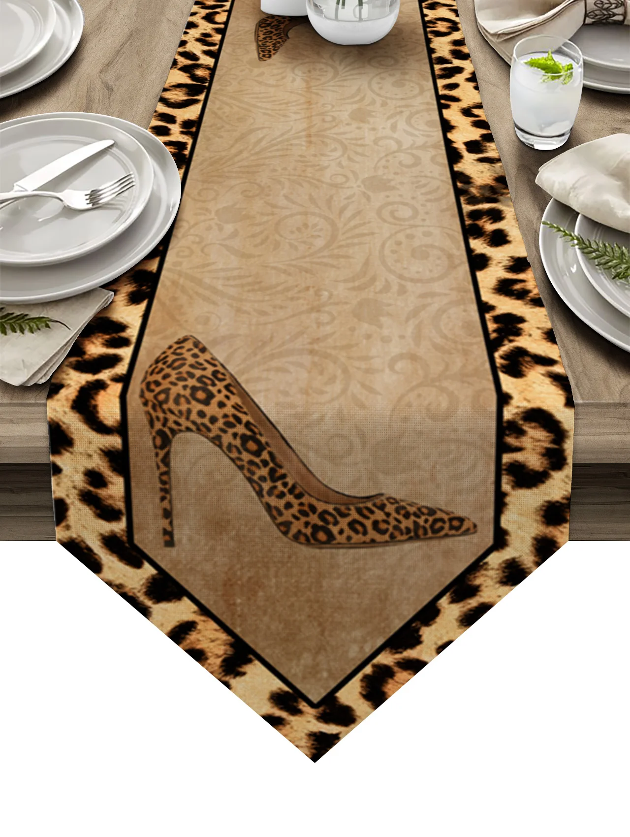 Modern Elegant Leopard Print High Heels Table Runner High Quality Cotton Linen Table Runner for Wedding Hotel Home Dinner Party