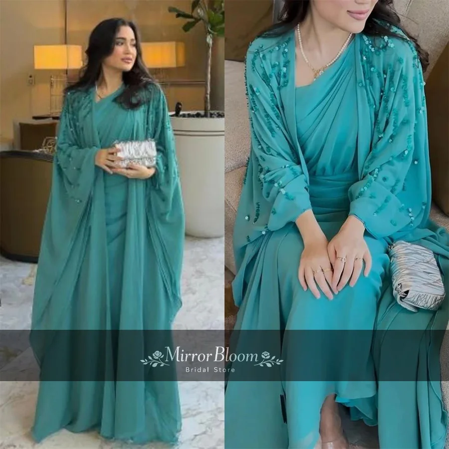 

Elegant Conservative Blue Chiffon Floor Length Dresses Women Beaded Pleats Formal Evening Party Prom Gown A-Line Customized