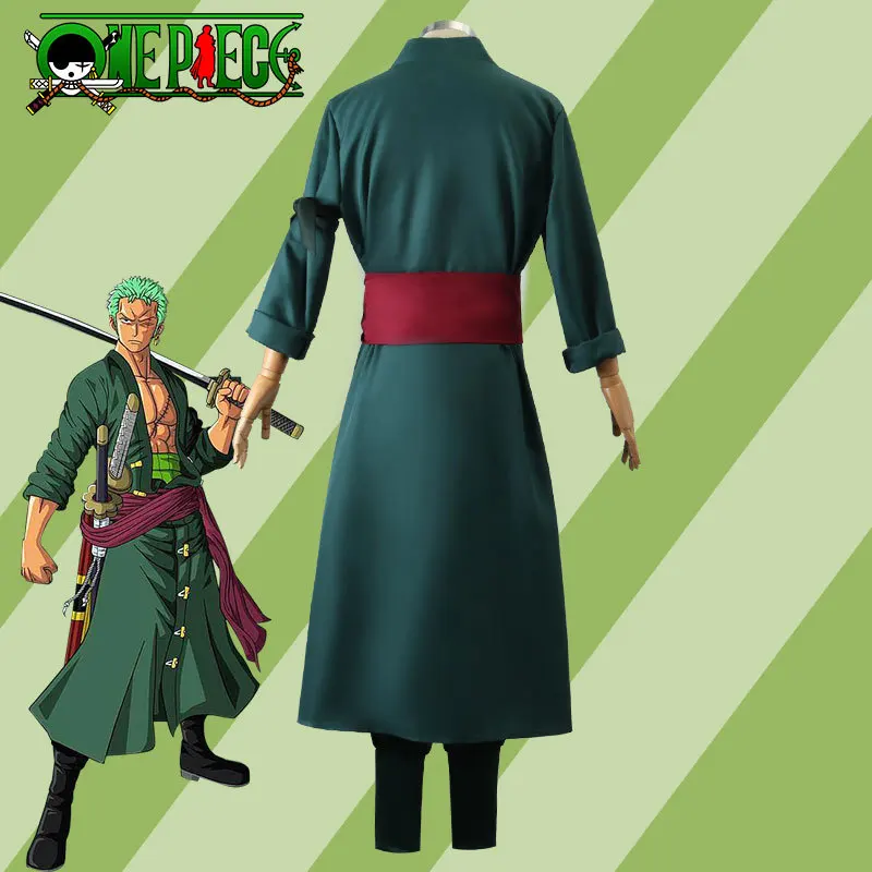 Anime One Piece Roronoa Zoro Kostium Cosplay Peruka Kolczyki Zielony Płaszcz Pasek Spodnie Kimono Halloween Mężczyźni Ubrania Karnawał Impreza Garnitur