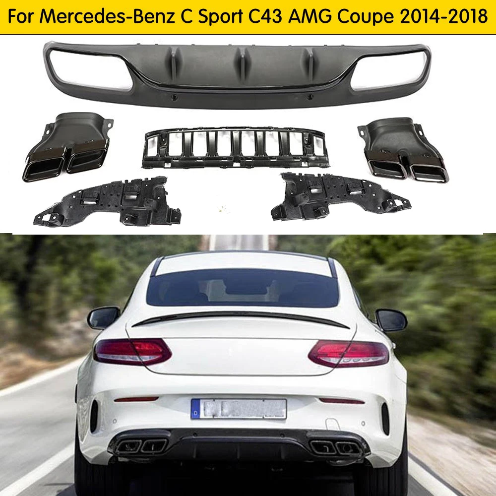 For C63 AMG Diffuser with exhaust tips for Mercedes Benz W205 C205 Coupe 2-Door C200 C300 C43 AMG to C63 AMG Rear Bumper Lip