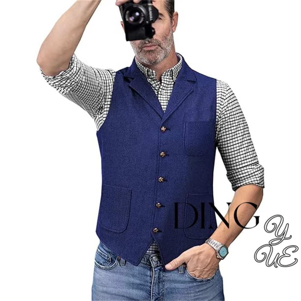 Mens Retro Suit Vest Tweed Wool Regular Fit Dress Waistcoat Herringbone for Jacket