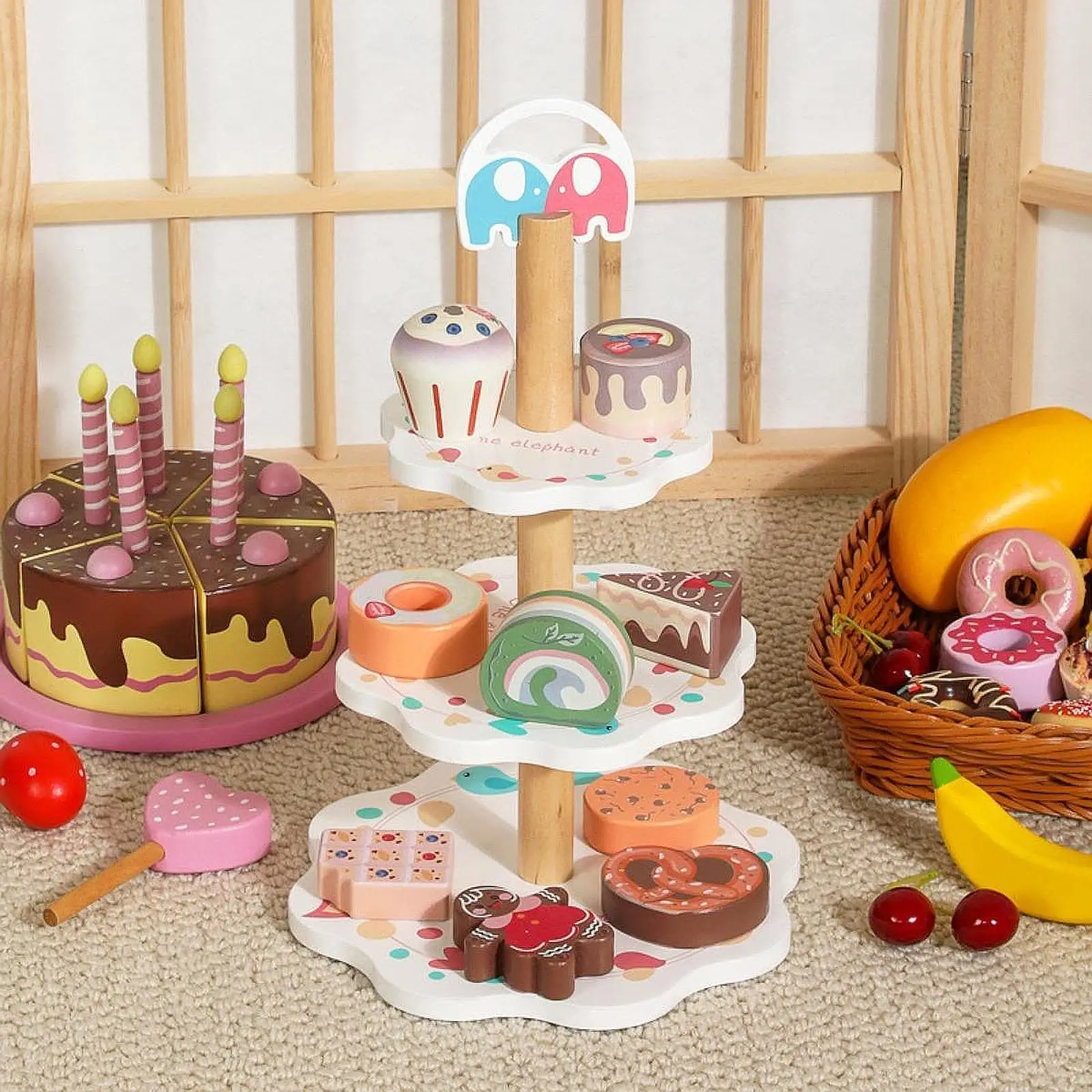 Ensemble de jeu en bois pour enfants, support à dessert, gâteau, nourriture, semblant de jeu, accessoires de cuisine, cadeau d'anniversaire pour filles et garçons