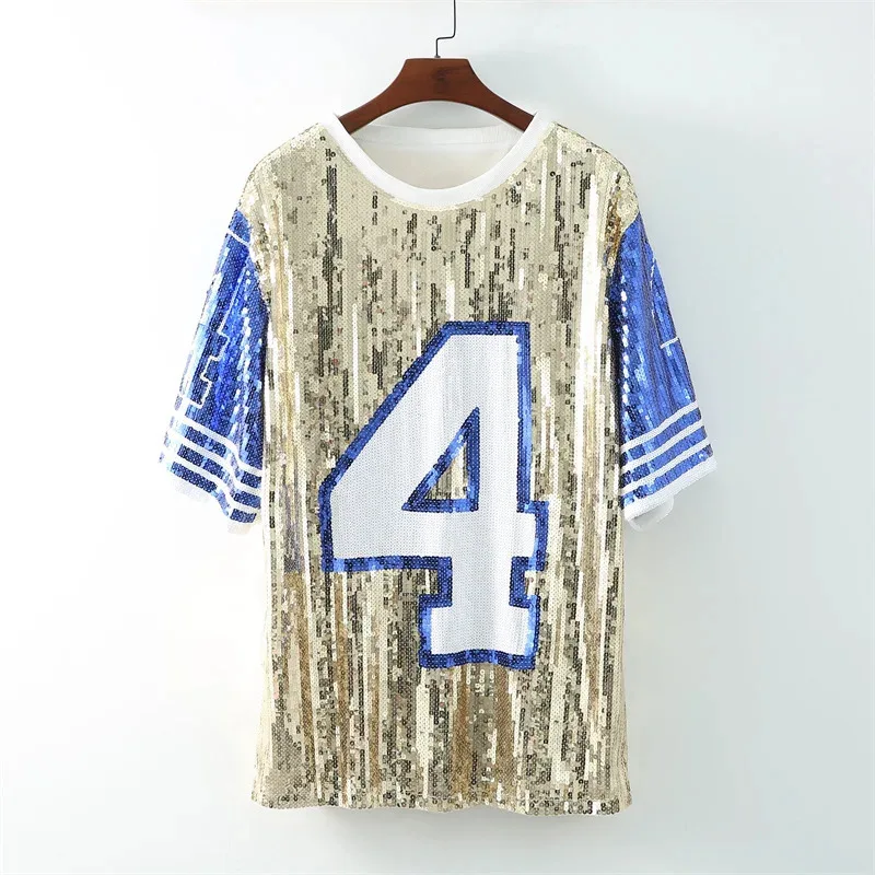 

Women Striped Sequined T-Shirts Female Summer Numbers Digital Embroidery Beading Loose Streetwear Hip Hop Jumpers Tops