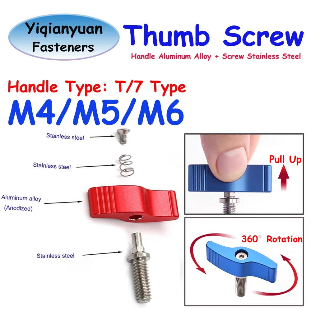 Yiqianyuan 1Piece-5pcs M4 M5 M6 Color Adjustable Thumb Screws T Type / 7 Type Hand Tighten Screw Handle Knob Bolt Aluminum Alloy