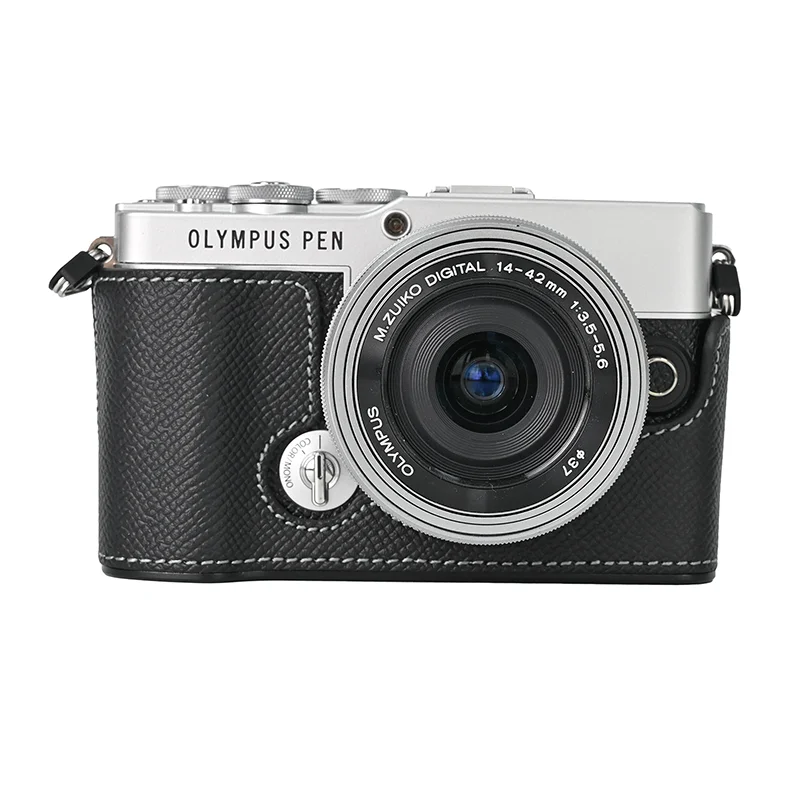 Handmade Genuine Leather Half Camera Case with Alloy Base Plate for Olympus EP7 Bottom Opening Version