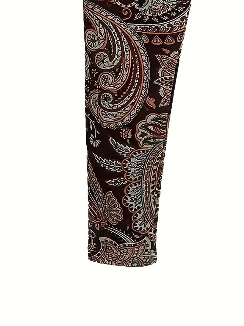 Plus Size Women\'s Boho Paisley Print Elastic High Rise Slight Stretch Skinny Leggings Fashionable Versatile Commuting Leggings