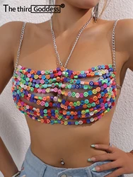 Sexy y2k clothes halter corset crop top women summer see through club party tank tops woman metal chain body dopamine top outfit