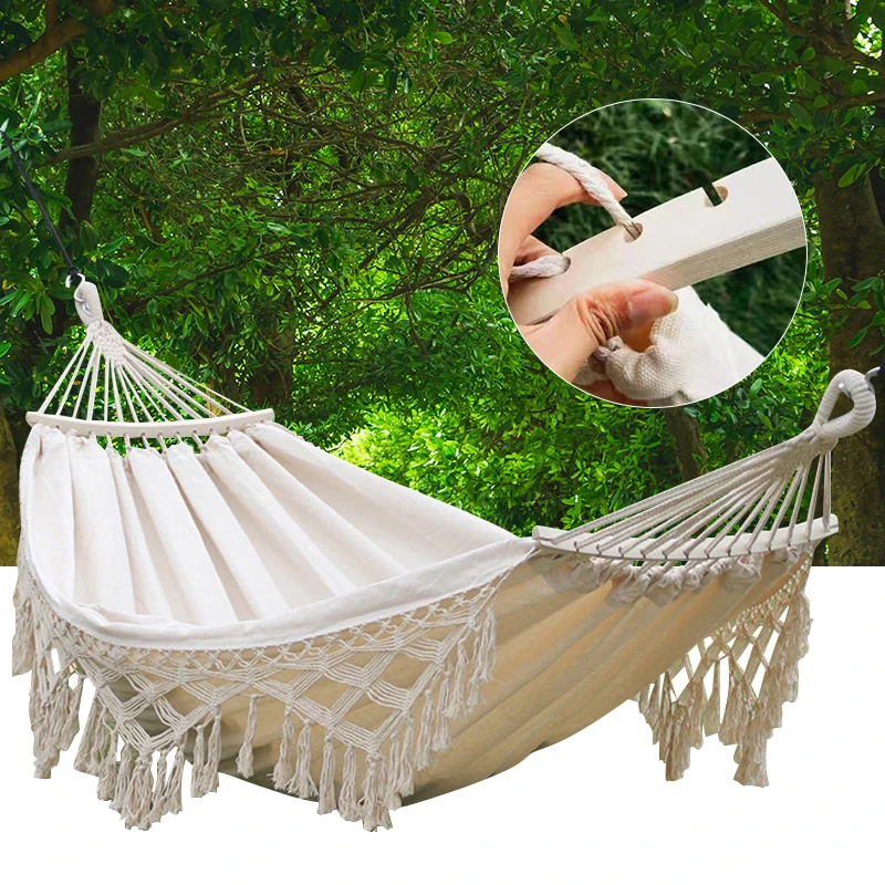 

Luxury Boho Tassel Hammock Single White Canvas Hammock Outdoor Camping Travel Hiking Swing Hammocks Garden Hanging Hammock