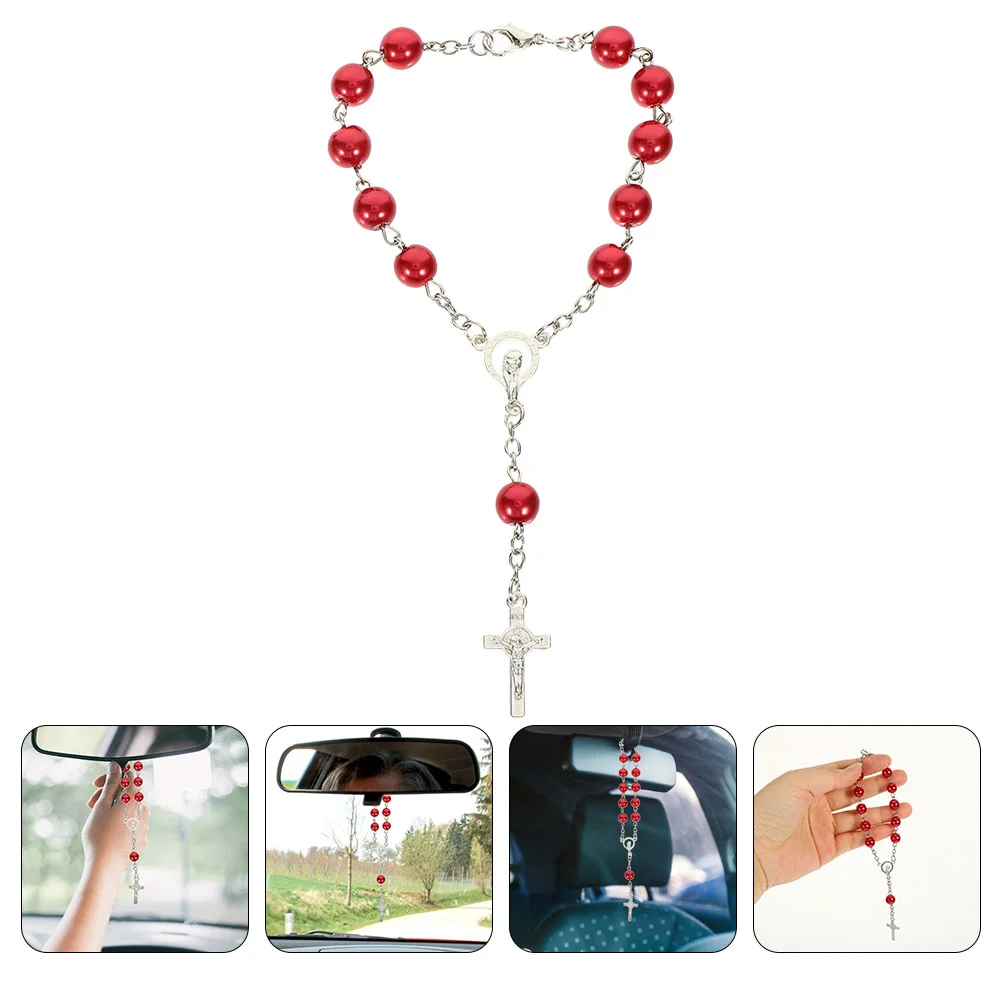 Mirror Decoration Cross Pendant Auto Rosary Mens Crucifix Necklace Car for Beads Catholic Women Zinc Alloy Anglican Man