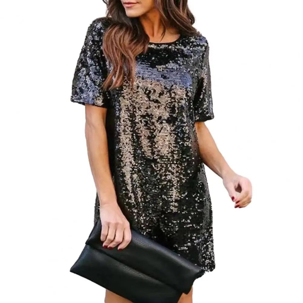 

Women's Summer Sequin Midi Dress Casual Crew Neck Short Sleeve T-shirt Dress Sparkly Cocktail Party Dress