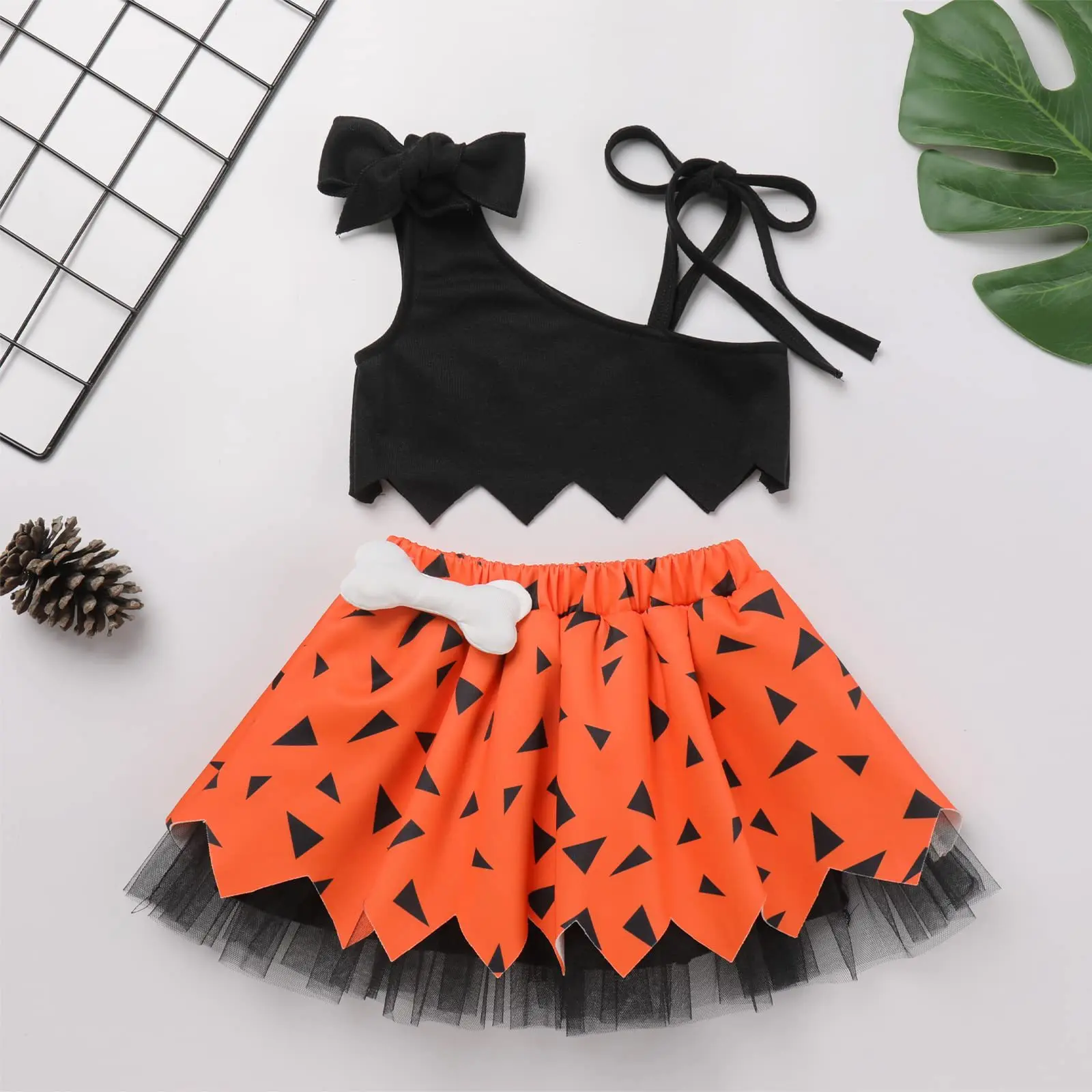 3szt Kids Bam Bam Costume Caveman Cavegirl Stone Age Outfit for Girl Boy Halloween Cosplay Girl Pebbles Inspired Dress Up Suit