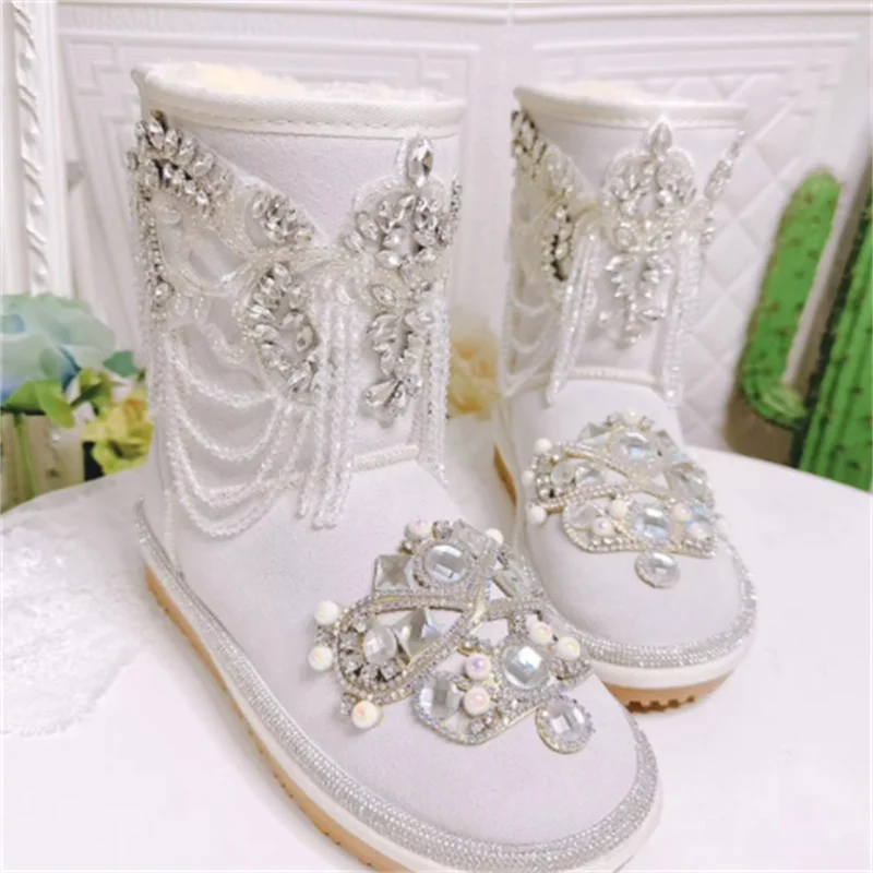 Crystal fringe pearl Jewel accessories Tall snow boots handmade custom white fur one thick women's cotton shoes 35-39