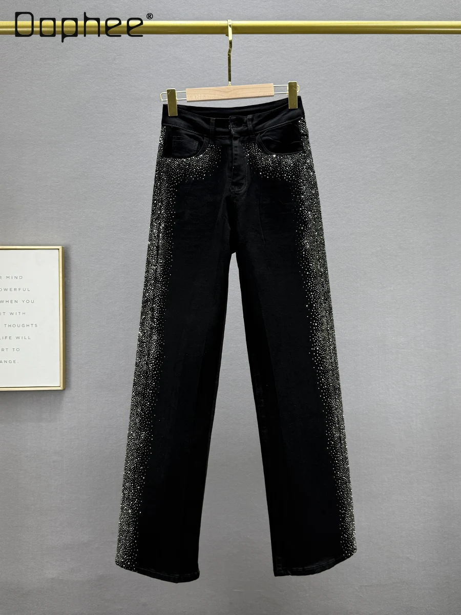 

Black Denim Straight-leg Pants Women's Spring 2025 New Elastic High-waisted Slim Heavy Industry Hot Diamond Baggy Jeans Women