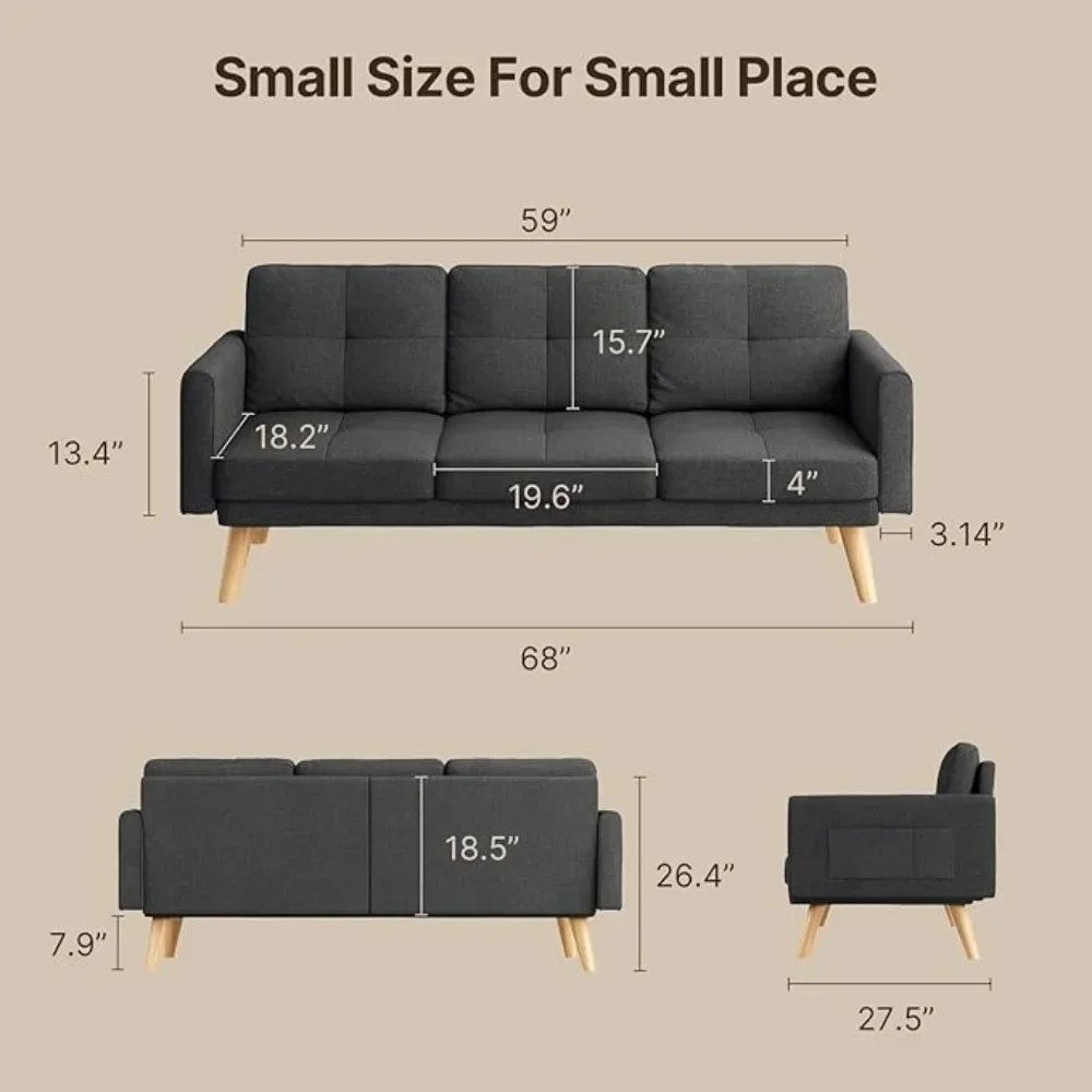 67” Sofa Couch with Soft Armrest Small Loveseat Sofa with 3 Comfy Pillows for Living Room 2-Seater Bench Seat