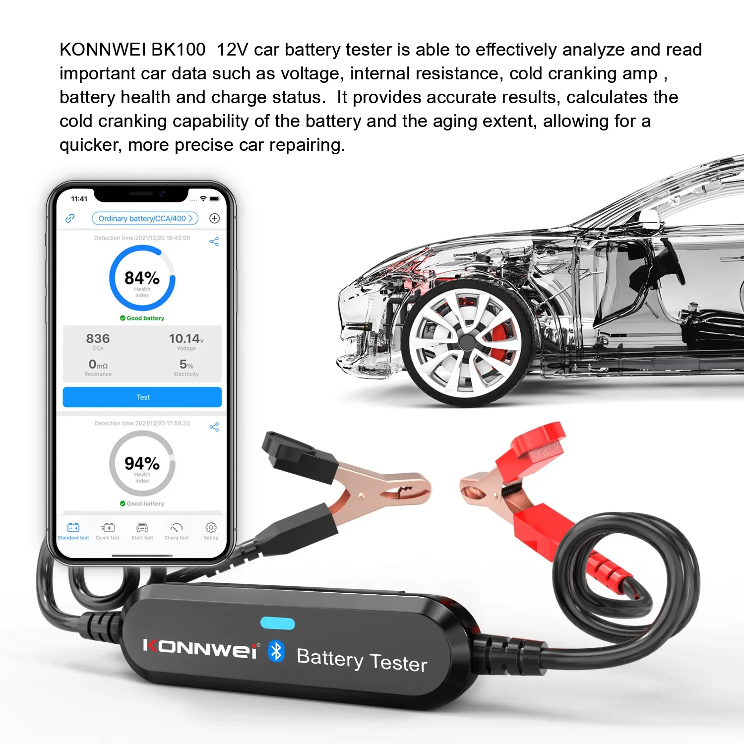 DurablKONNWEI BK100 Car Battery Tester 6V 12V 100-2000 CCA Auto Battery Analyzer Bluetooth-Compatible Charging Tester Battery To