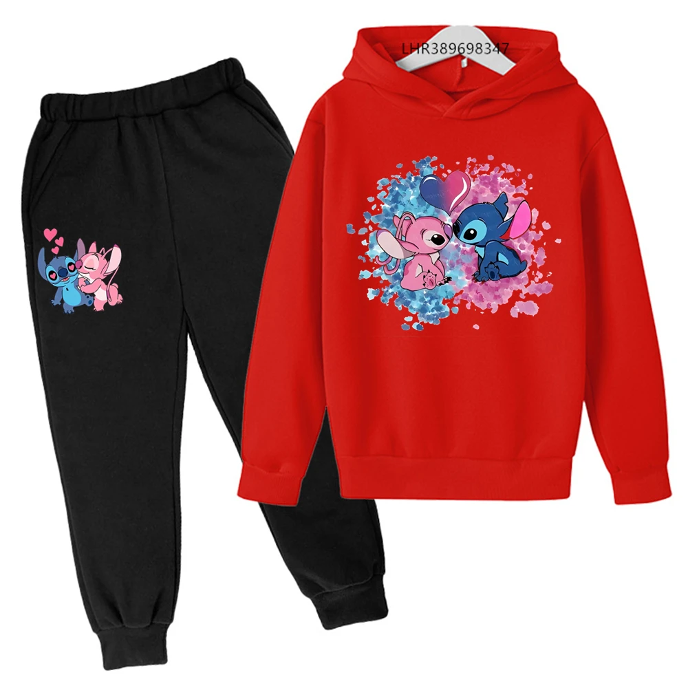 Pink Children Hoodie Stitch Cartoon Print Sweatshirt +Pants Boys Girls Toddler age 3-12 Girls Clothes Pullover Sport Kids Set