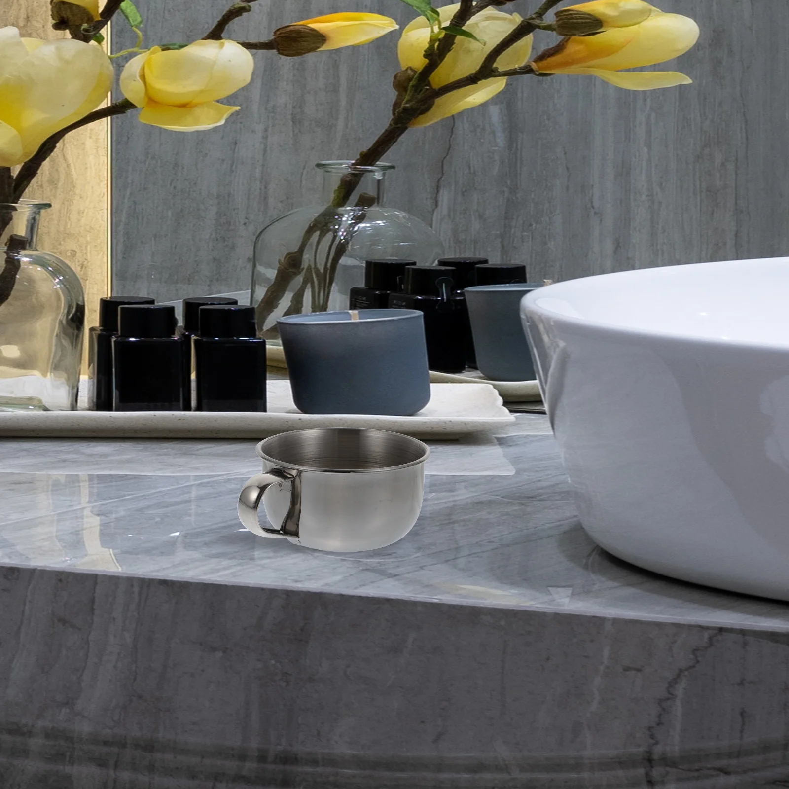 1 قطعة وعاء حلاقة من الفولاذ المقاوم للصدأ فضي متين مقاوم للصدأ وعاء فقاعات الصابون للرجال مقبض تصميم حاوية فقاعات