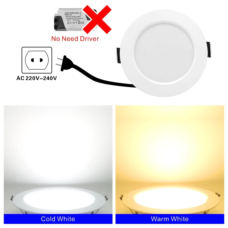 Luz descendente Led para techo, foco redondo de 3/220 pulgadas, 3W, 5W, 7W, 9W, 12W, 15W, 4/5 V, 6 unidades por lote