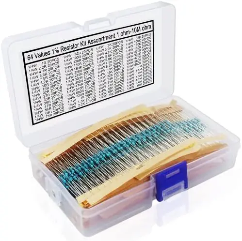 

1280pcs 64 Values 1% 1/4W Metal Film Resistor Kit, 1 Ohm-10M Ohm Assortment for DIY Projects