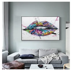 Art Canvas Painting on The Wall Posters and Prints Picture for Living Room Home Decor Show Teeth Lips Street Graffiti