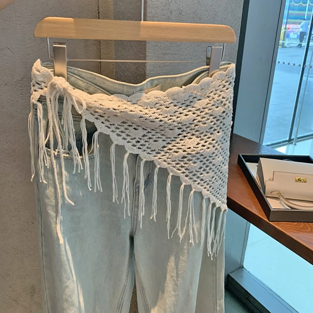 

Bohemian Tassel Knitted Triangle Scarf Countryside Style Ethnic Style Hollow Out Lace Shawl Exotic Cloak Fart Curtain Summer