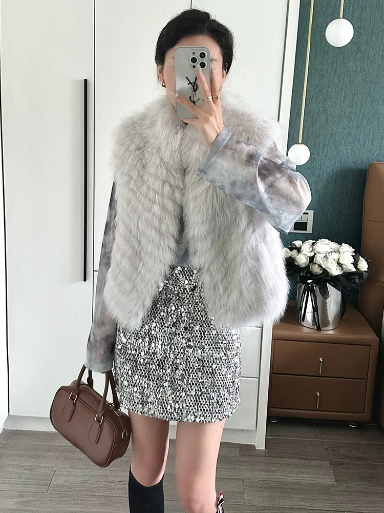 2025 Autumn Winter Warm Women's Vest Real Natural Fox Fur Strip Sewed Toghter Coat Thick Short Waistcoat Luxury Female Jacket