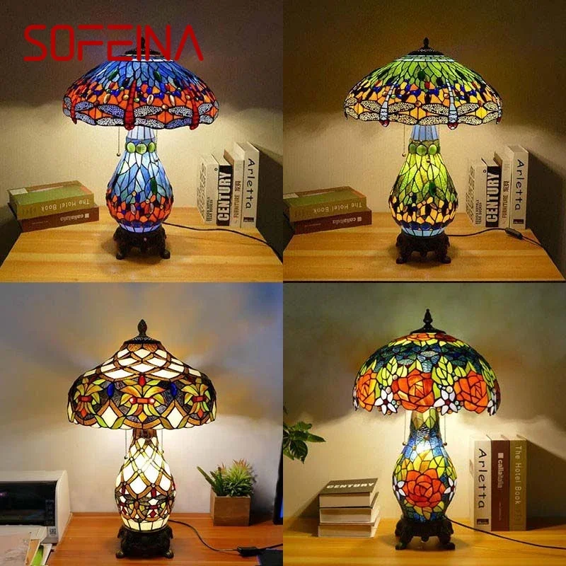 

SOFEINA Tiffany Table Lamp American Retro Living Room Bedroom Lamp Luxurious Villa Hotel Stained Glass Desk Lamp