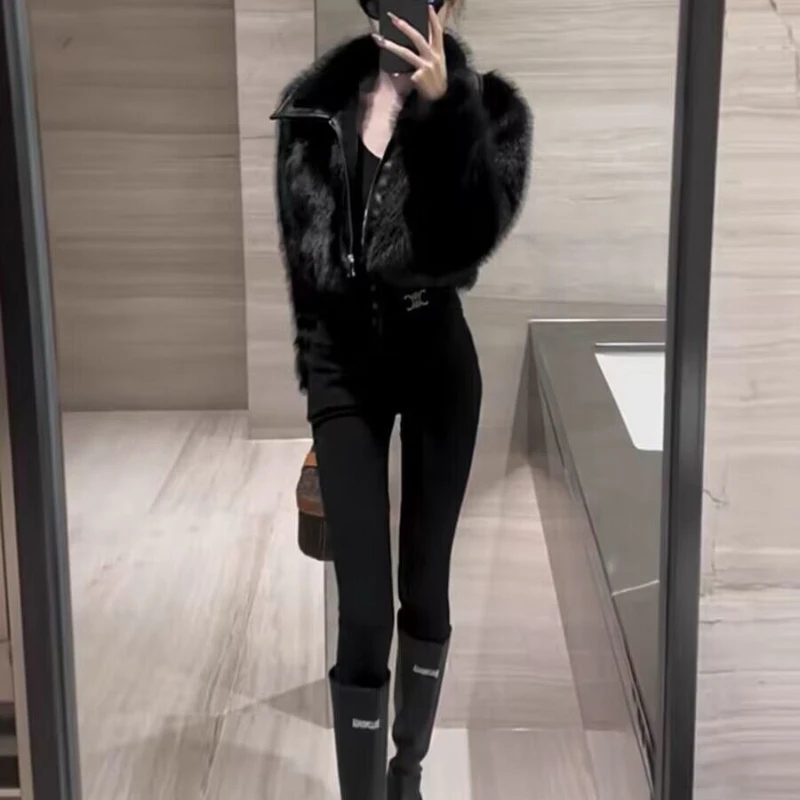 Autumn Winter Now Locomotive Wind Hottie Sweet Cool Fashion Coat Women Patchwork Imitation Fox Fur Leather and Fur Solid Tops