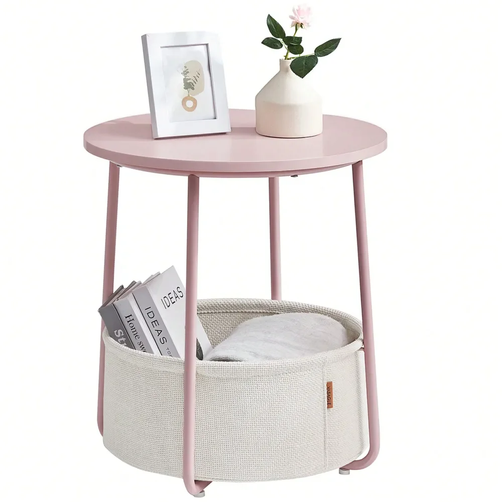 

End Table, Small Bedside Table With Fabric Basket, Modern Nightstand, Round Side Table, For Living Room, Bedroom, Jelly Pink An