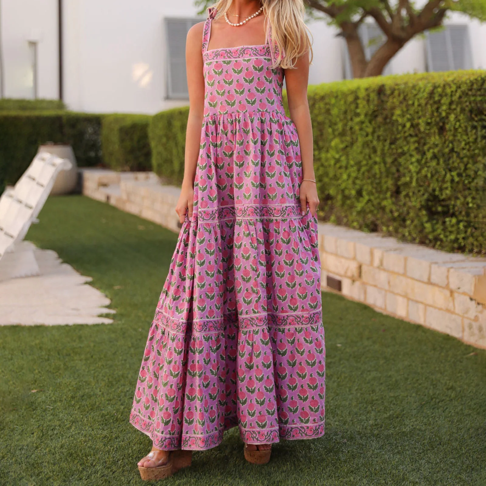 Nowa Damska Letnia Długa Sukienka Cami Fioletowa Bez Rękawów Kwiatowy Wzór Cienkie Ramiączka Sukienka Klubowa Gorąca Wyprzedaż S M L