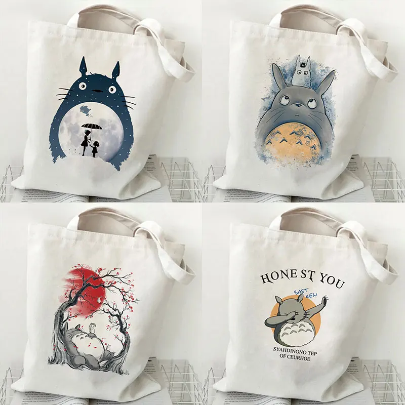 Women Cartoon Eco Reusable Shopping Bag Female Shoulder Shopper Bag Tote Bag Studio Ghibli College Handbag Retro Large Ladies