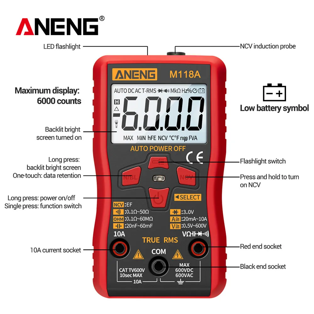 ANENG M118A Mini Multimeter 6000 Counts Digital Tester True Rms Auto Mmultimetro Tranistor Meter with NCV Data Hold Test Tools